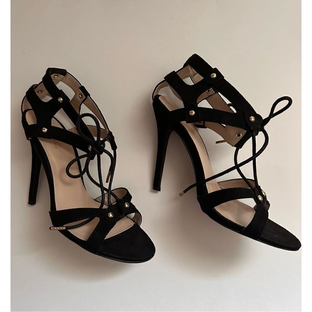 Qupid Black Faux Suede Lace Up Pump with Gold Embellishment